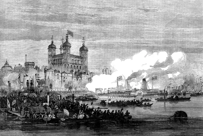 Framed Print : The Shah on the Thames: embarking at the Tower for the West India Dock and Greenwich, 1873. Creator: Unknown Framed Print : The Shah on the Thames: embarking at the Tower for the West India Dock and Greenwich, 1873. Creator: Unknown