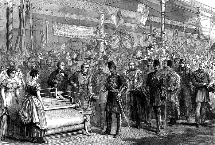 Framed Print : The Shah in the weaving-room at Haworth's Mills, Manchester, 1873. Creator: Unknown. The Shah in the weaving-room at Haworth's Mills, Manchester, 1873. Creator: Unknown Framed Print : The Shah in the weaving-room at Haworth's Mills, Manchester, 1873. Creator: Unknown. The Shah in the weaving-room at Haworth's Mills, Manchester, 1873. Creator: Unknown