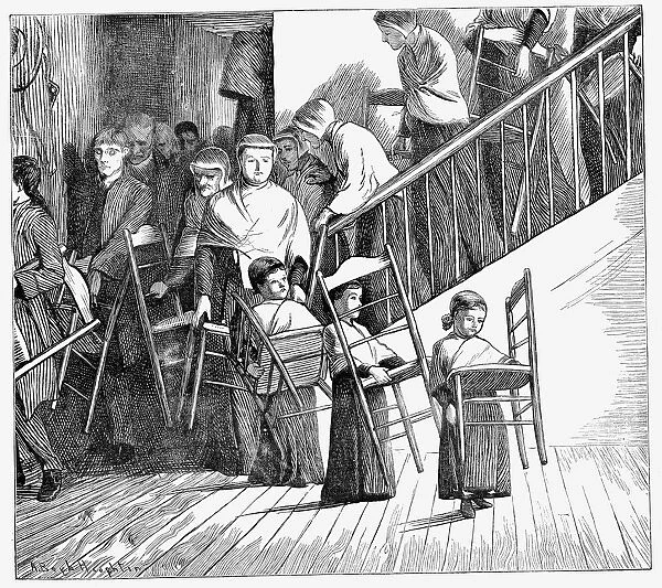 Shaker community going to dinner, each carrying their own Shaker chair, New York State, 1870
