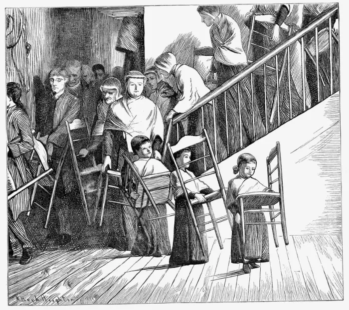 Framed Print : Shaker community going to dinner, each carrying their own Shaker chair, New York State, 1870 Framed Print : Shaker community going to dinner, each carrying their own Shaker chair, New York State, 1870