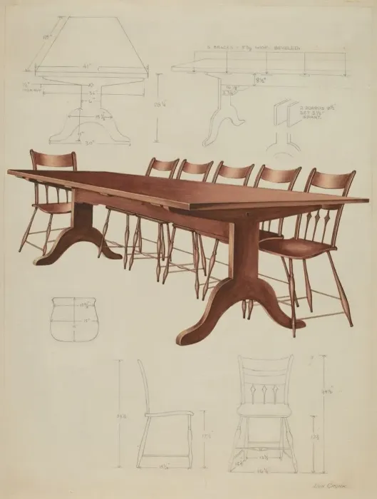 Framed Print : Shaker Dining Table and Chairs, c. 1937. Creator: Lon Cronk Framed Print : Shaker Dining Table and Chairs, c. 1937. Creator: Lon Cronk