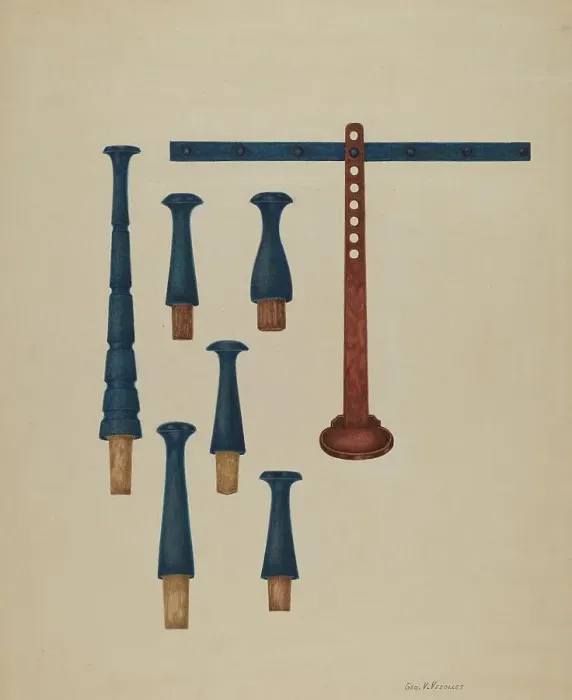 Framed Print : Shaker Pegs and Candlestand, c. 1938. Creator: George V. Vezolles Framed Print : Shaker Pegs and Candlestand, c. 1938. Creator: George V. Vezolles