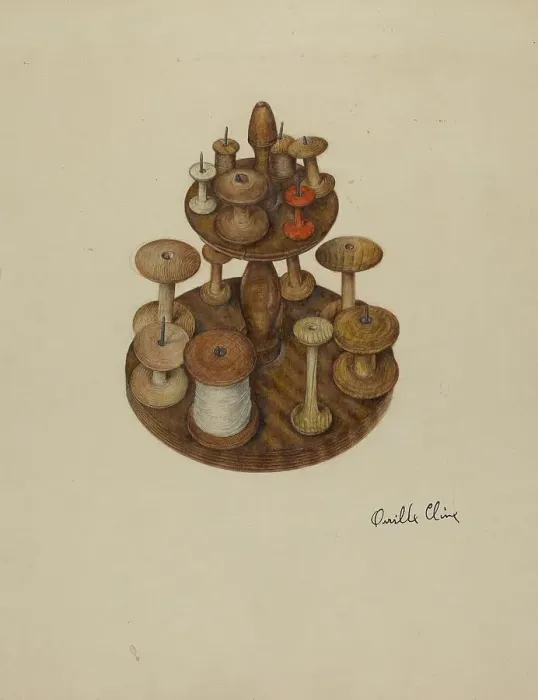 Framed Print : Shaker Spool Rack and Spools, c. 1939. Creator: Orville Cline Framed Print : Shaker Spool Rack and Spools, c. 1939. Creator: Orville Cline