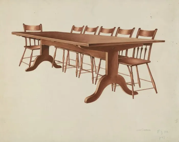 Framed Print : Shaker Table and Chairs, c. 1937. Creator: Lon Cronk Framed Print : Shaker Table and Chairs, c. 1937. Creator: Lon Cronk