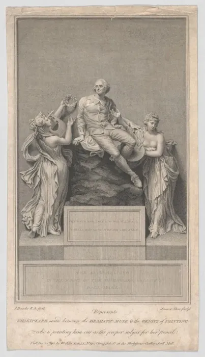 Framed Print : Shakespeare Seated Between the Dramatic Muse and the Genius of Painting, 1797. Creator: James Stow Framed Print : Shakespeare Seated Between the Dramatic Muse and the Genius of Painting, 1797. Creator: James Stow