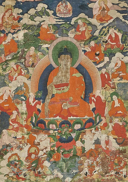 Shakyamuni Buddha and the Sixteen Arhats, 19th century. Creator: Tibetan culture
