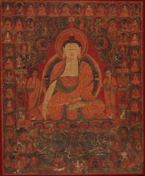Framed Print : Shakyamuni with the Thirty-Five Buddhas of the Confession of Sins and the Eighteen Arhats, 15th cent Creator: Anon Framed Print : Shakyamuni with the Thirty-Five Buddhas of the Confession of Sins and the Eighteen Arhats, 15th cent Creator: Anon