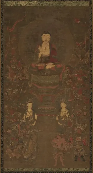 Framed Print : Shakyamuni Triad with the Sixteen Protectors of the Great Wisdom Sutra, 1300s. Creator: Unknown Framed Print : Shakyamuni Triad with the Sixteen Protectors of the Great Wisdom Sutra, 1300s. Creator: Unknown