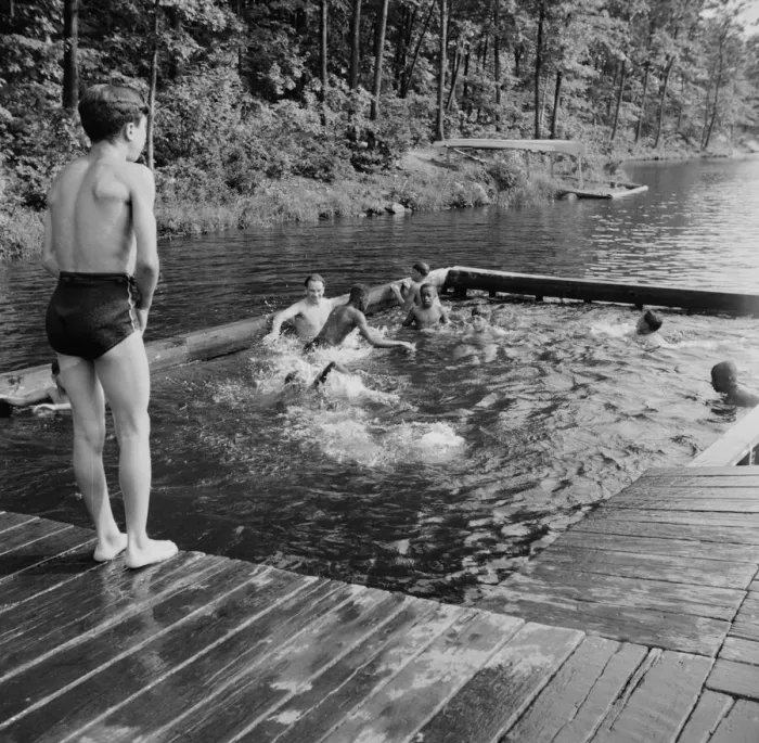Framed Print : Shallow swimming pool for learners at Camp Nathan Hale, Southfields, New York, 1943 Creator: Gordon Parks Framed Print : Shallow swimming pool for learners at Camp Nathan Hale, Southfields, New York, 1943 Creator: Gordon Parks