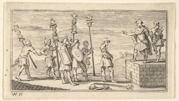 Framed Print : Shameful Discharge (John Beaver, Roman Military Punishments, 1725), after 1725 Framed Print : Shameful Discharge (John Beaver, Roman Military Punishments, 1725), after 1725