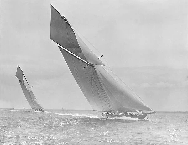 Shamrock and White Heather powering to windward, 1912. Creator: Kirk & Sons of Cowes