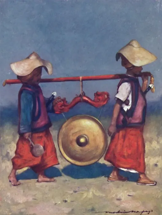 Framed Print : Shan Retainers carrying Brass Gong, 1903. Artist: Mortimer L Menpes Framed Print : Shan Retainers carrying Brass Gong, 1903. Artist: Mortimer L Menpes