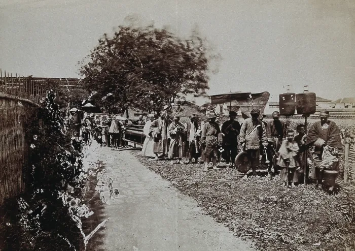 Framed Print : Shanghai, China: a funeral procession, with people carrying banners, c1880s Creator: Unknown Framed Print : Shanghai, China: a funeral procession, with people carrying banners, c1880s Creator: Unknown
