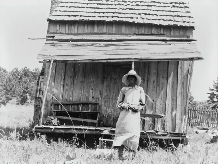 Framed Print : Sharecropper's cabin and sharecropper's wife, Ten miles south of Jackson, Mississippi, 1937. Creator: Dorothea Lange Framed Print : Sharecropper's cabin and sharecropper's wife, Ten miles south of Jackson, Mississippi, 1937. Creator: Dorothea Lange