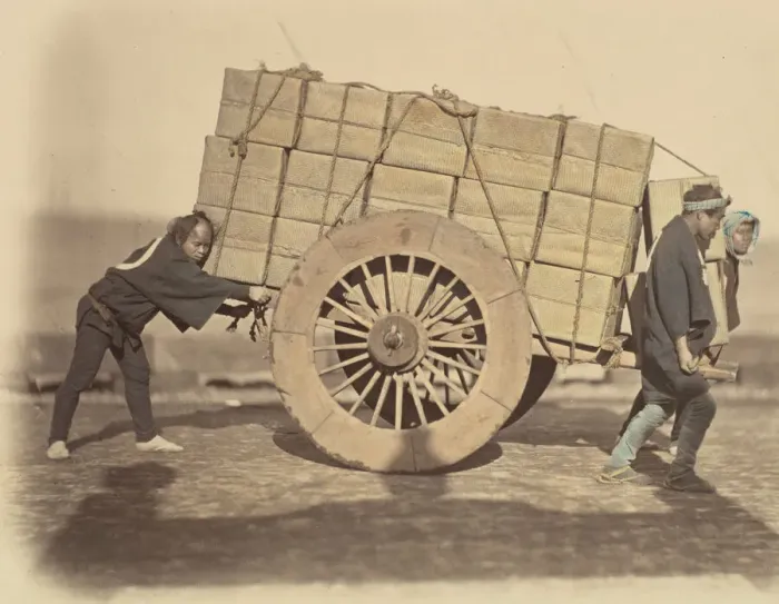 Framed Print : Shariki, or Cart-Pushing Coolies, ca. 1860. Creator: Felice Beato Framed Print : Shariki, or Cart-Pushing Coolies, ca. 1860. Creator: Felice Beato