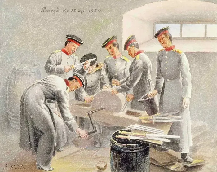 Framed Print : Sharpening swords, 1854. Creator: Johan Knutson Framed Print : Sharpening swords, 1854. Creator: Johan Knutson