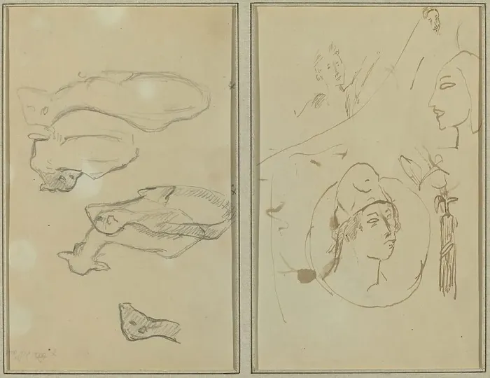 Framed Print : Five Sheep; Four Head Studies [verso], 1884-1888. Creator: Paul Gauguin