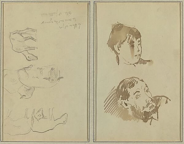 Five Sheep; Head of a Woman and Head of a Bearded Man [recto], 1884-1888. Creator: Paul Gauguin