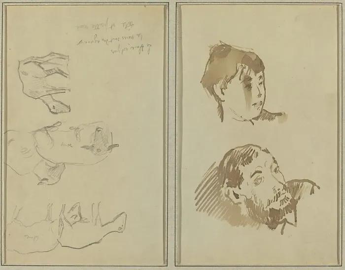 Framed Print : Five Sheep; Head of a Woman and Head of a Bearded Man [recto], 1884-1888. Creator: Paul Gauguin