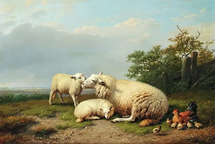 Framed Print : Sheep, Hen and Chicks in a Landscape, 1865. Creator: Eugene Verboeckhoven Framed Print : Sheep, Hen and Chicks in a Landscape, 1865. Creator: Eugene Verboeckhoven