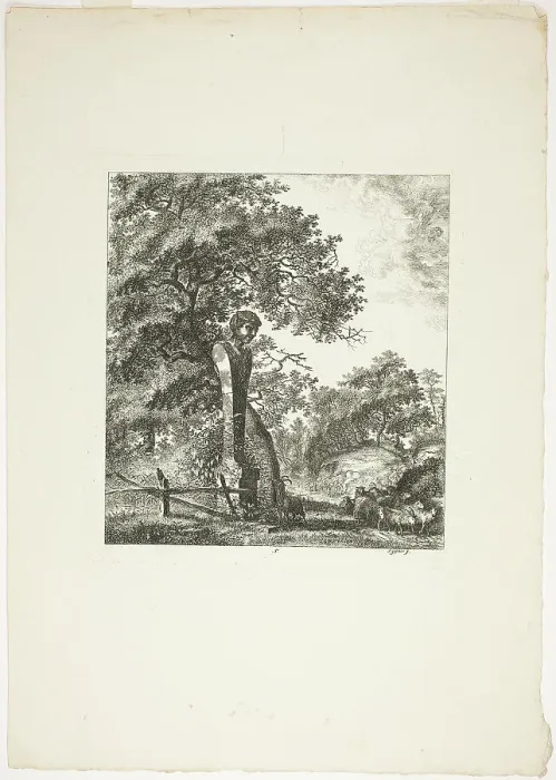 Framed Print : Sheep by a Statue of Pan, plate five from Paysages Dédiés à M. Warelet, 1764. Creator: Salomon Gessner Framed Print : Sheep by a Statue of Pan, plate five from Paysages Dédiés à M. Warelet, 1764. Creator: Salomon Gessner