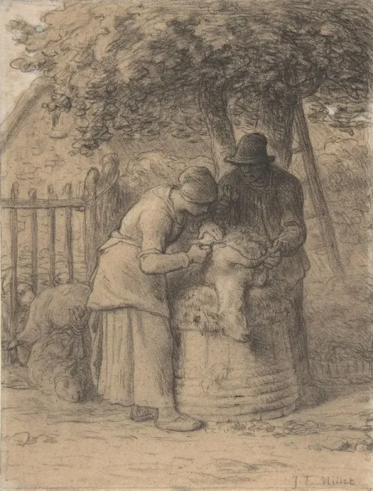 Framed Print : Sheepshearing Beneath a Tree, ca. 1854. Creator: Jean Francois Millet Framed Print : Sheepshearing Beneath a Tree, ca. 1854. Creator: Jean Francois Millet