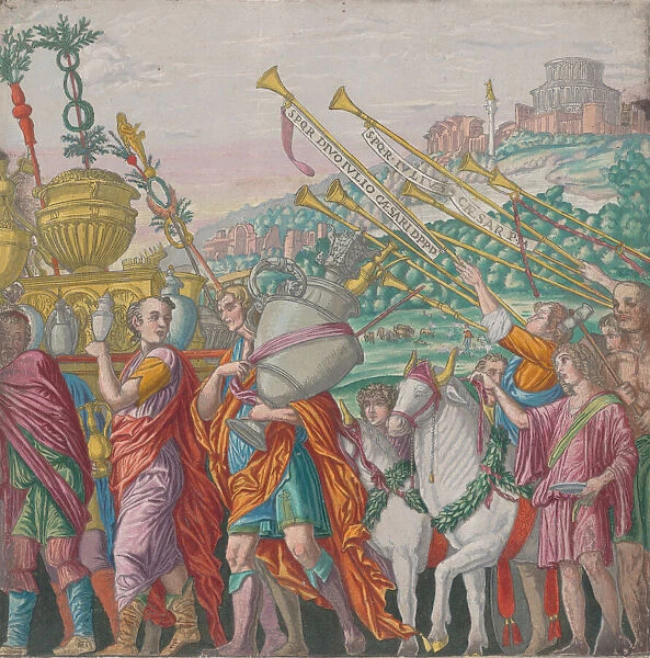 Sheet 4: Men carrying trophies at left, trumpeters at right