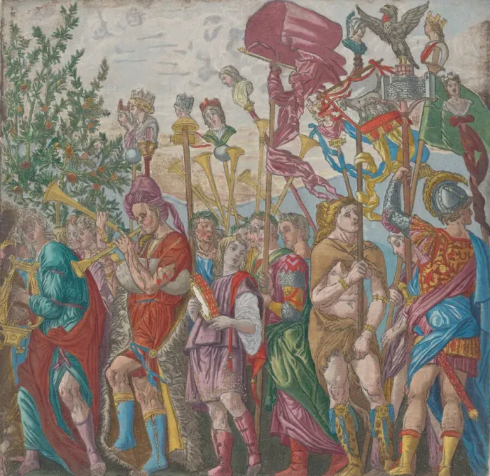 Framed Print : Sheet 7: procession of Musicians and others holding standards Framed Print : Sheet 7: procession of Musicians and others holding standards