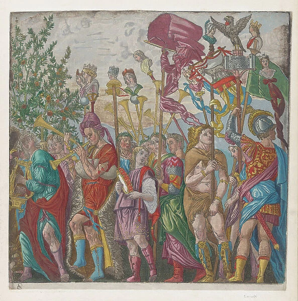 Sheet 8: procession of Musicians and others holding standards, from The Triumph of... 1599. Creator: Andreani, Andrea (c. 1540-after 1610)
