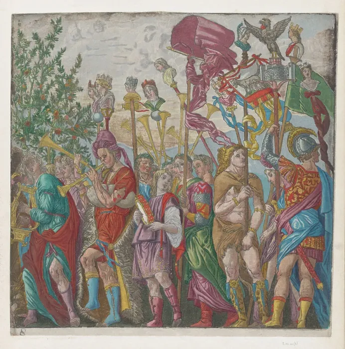 Framed Print : Sheet 8: procession of Musicians and others holding standards, from The Triumph of... 1599. Creator: Andreani, Andrea (c. 1540-after 1610) Framed Print : Sheet 8: procession of Musicians and others holding standards, from The Triumph of... 1599. Creator: Andreani, Andrea (c. 1540-after 1610)