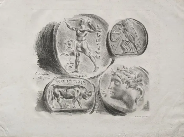 Framed Print : Sheet of Four Antique Medals, 1825. Creator: Eugene Delacroix (French, 1798-1863) Framed Print : Sheet of Four Antique Medals, 1825. Creator: Eugene Delacroix (French, 1798-1863)
