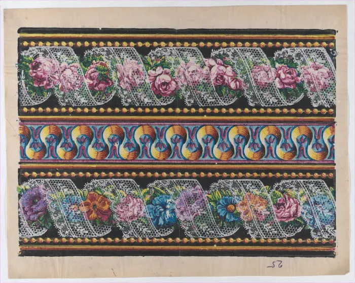 Framed Print : Sheet with a border with floral garlands and lace on a black backgro... late 18th-mid-19th century. Creator: Anon Framed Print : Sheet with a border with floral garlands and lace on a black backgro... late 18th-mid-19th century. Creator: Anon