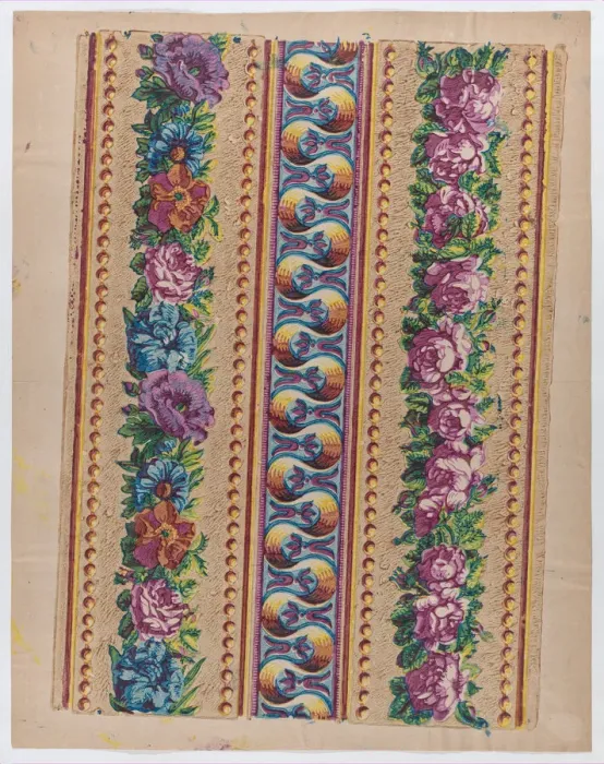 Framed Print : Sheet with a border with pink and multicolor floral garlands, late 1... late 18th-mid-19th century. Creator: Anon Framed Print : Sheet with a border with pink and multicolor floral garlands, late 1... late 18th-mid-19th century. Creator: Anon