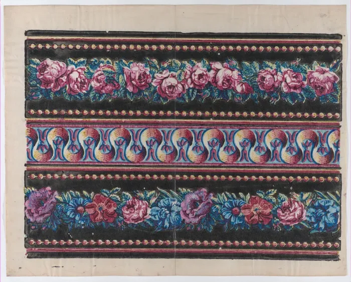 Framed Print : Sheet with a border with pink and multicolor floral garlands on a bl... late 18th-mid-19th century. Creator: Anon Framed Print : Sheet with a border with pink and multicolor floral garlands on a bl... late 18th-mid-19th century. Creator: Anon