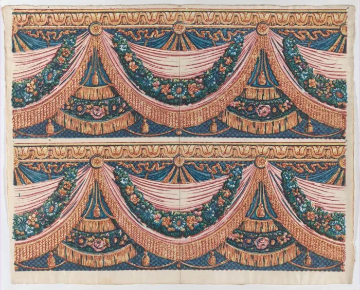 Framed Print : Sheet with two borders with draped curtains and floral garlands, lat... late 18th-mid-19th century. Creator: Anon Framed Print : Sheet with two borders with draped curtains and floral garlands, lat... late 18th-mid-19th century. Creator: Anon