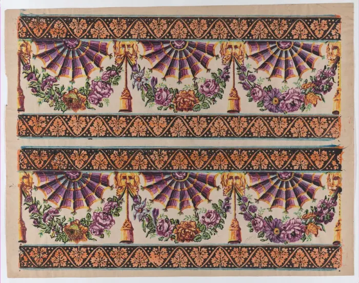 Framed Print : Sheet with two borders with three fans and floral garlands, late 18t... late 18th-mid-19th century. Creator: Anon Framed Print : Sheet with two borders with three fans and floral garlands, late 18t... late 18th-mid-19th century. Creator: Anon