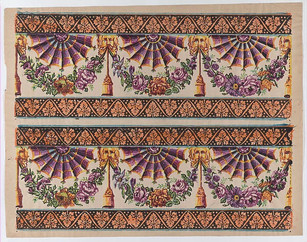 Sheet with two borders with three fans and floral garlands, late 18t... late 18th-mid-19th century. Creator: Anon