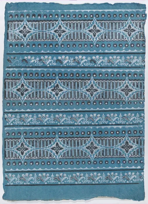 Framed Print : Sheet with four borders with a floral, dot, and stripe pattern, late... late 18th-mid-19th century. Creator: Anon Framed Print : Sheet with four borders with a floral, dot, and stripe pattern, late... late 18th-mid-19th century. Creator: Anon