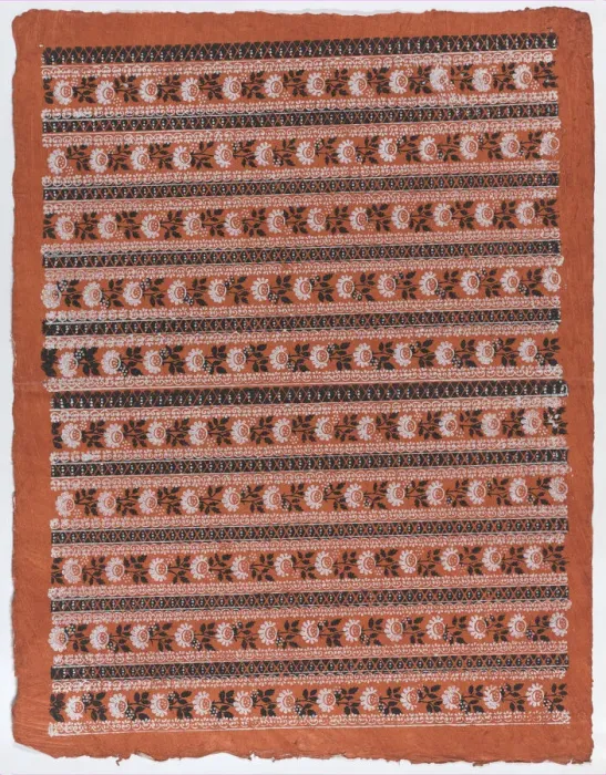 Framed Print : Sheet with ten borders with floral patterns on orange background, la... late 18th-mid-19th century. Creator: Anon Framed Print : Sheet with ten borders with floral patterns on orange background, la... late 18th-mid-19th century. Creator: Anon