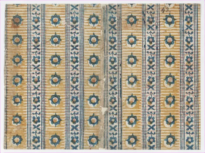 Framed Print : Sheet with five borders with floral and striped patterns, 19th century. Creator: Anon
