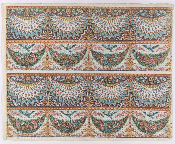 Framed Print : Sheet with a two borders with four hanging draperies, multicolor fest... late 18th-mid-19th century. Creator: Anon Framed Print : Sheet with a two borders with four hanging draperies, multicolor fest... late 18th-mid-19th century. Creator: Anon