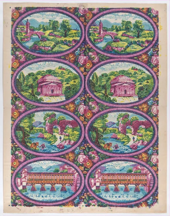 Framed Print : Sheet with two borders with Italian landscapes, late 18th-mid-19th c... late 18th-mid-19th century. Creator: Anon Framed Print : Sheet with two borders with Italian landscapes, late 18th-mid-19th c... late 18th-mid-19th century. Creator: Anon