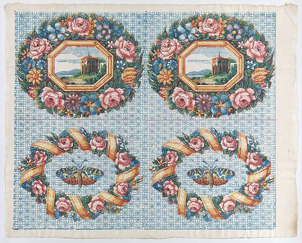 Sheet with two borders with a landscape and moth within wreaths, lat... late 18th-mid-19th century. Creator: Anon