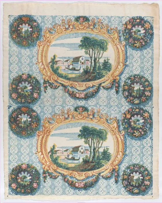 Framed Print : Sheet with two borders with landscapes within frames and wreaths, la... late 18th-mid-19th century. Creator: Anon Framed Print : Sheet with two borders with landscapes within frames and wreaths, la... late 18th-mid-19th century. Creator: Anon