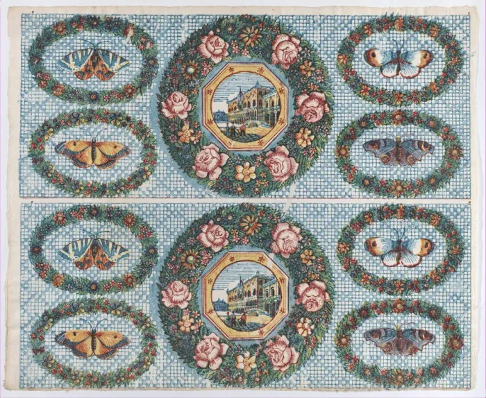 Framed Print : Sheet with two borders with landscapes and moths within wreaths, lat... late 18th-mid-19th century. Creator: Anon Framed Print : Sheet with two borders with landscapes and moths within wreaths, lat... late 18th-mid-19th century. Creator: Anon