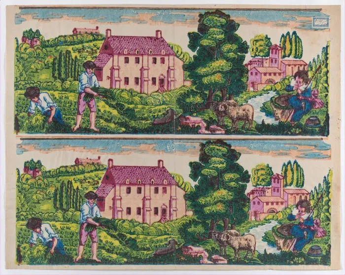Framed Print : Sheet with two borders with pastoral landscapes, late 18th-mid-19th... late 18th-mid-19th century. Creator: Anon Framed Print : Sheet with two borders with pastoral landscapes, late 18th-mid-19th... late 18th-mid-19th century. Creator: Anon