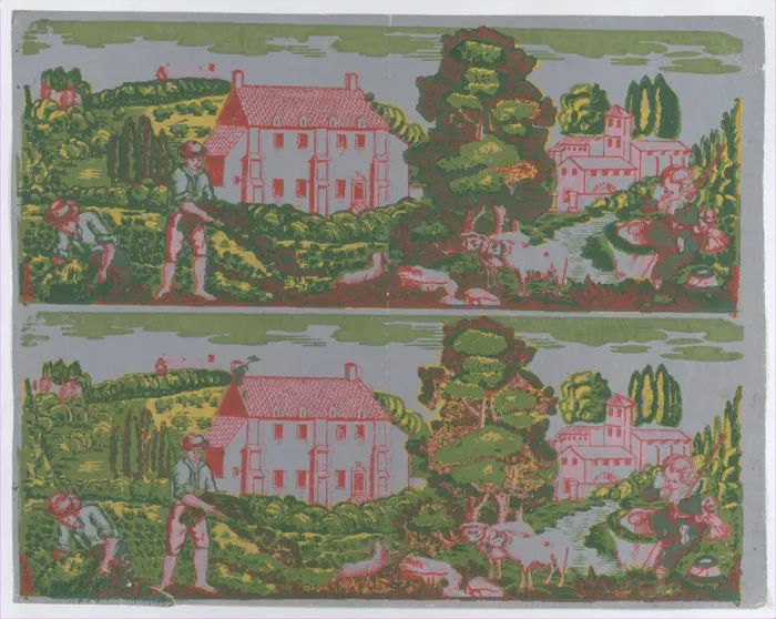 Framed Print : Sheet with two borders with pastoral landscapes on a gray background... late 18th-mid-19th century. Creator: Anon Framed Print : Sheet with two borders with pastoral landscapes on a gray background... late 18th-mid-19th century. Creator: Anon