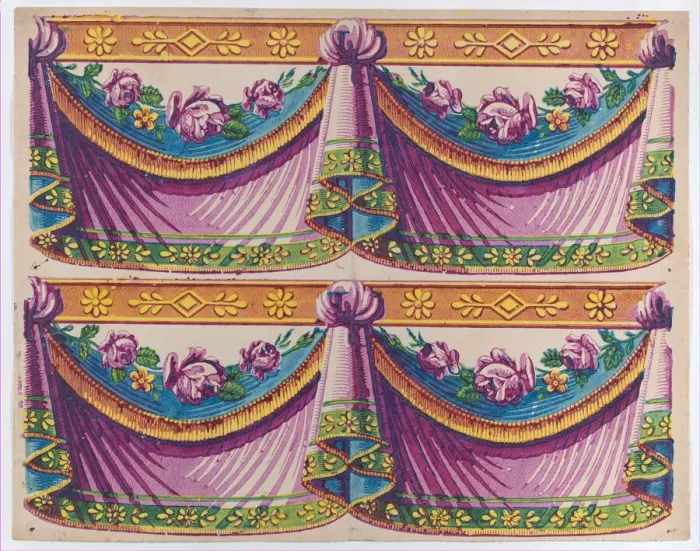 Framed Print : Sheet with two borders with purple drapery and floral designs, late... late 18th-mid-19th century. Creator: Anon Framed Print : Sheet with two borders with purple drapery and floral designs, late... late 18th-mid-19th century. Creator: Anon