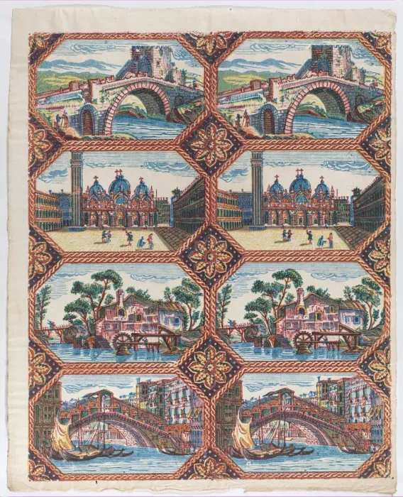 Framed Print : Sheet with two borders with Venetian landscapes, late 18th-mid-19th... late 18th-mid-19th century. Creator: Anon
