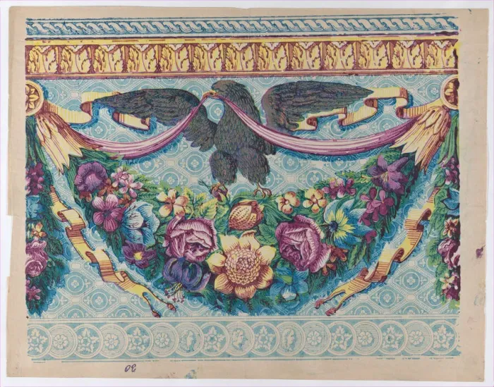 Framed Print : Sheet with an eagle atop a festoon of flowers, late 18th-mid-19th ce... late 18th-mid-19th century. Creator: Anon Framed Print : Sheet with an eagle atop a festoon of flowers, late 18th-mid-19th ce... late 18th-mid-19th century. Creator: Anon